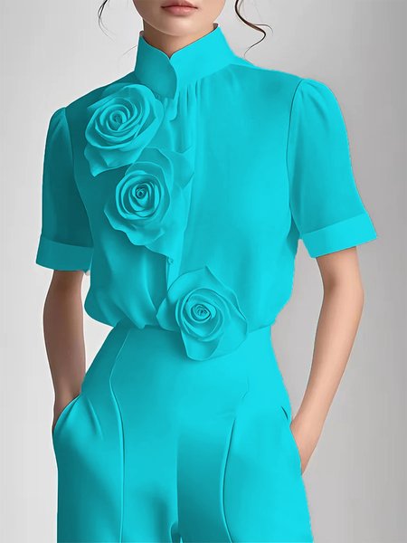 Elegant Plain 3D Floral Stand Collar Shirt, Blue, Blouses and Shirts