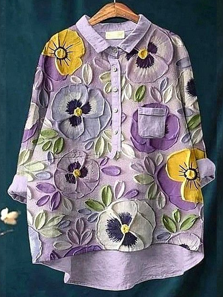 

Women Floral Long Sleeve Shirt Spring/Fall Printing Shirt Collar Daily Casual Top, Purple, Shirts