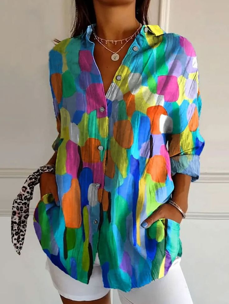 

Women Colorblock Long Sleeve Shirt Spring/Fall Buckle Shirt Collar Daily Casual Top, As picture, Shirts