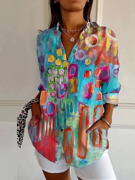 

Women Abstract Long Sleeve Shirt Spring/Fall Buckle Shirt Collar Daily Casual Top, As picture, Shirts