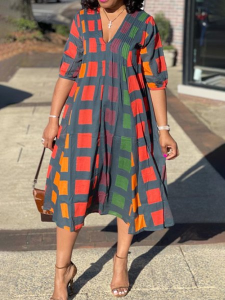 

Casual Plaid Printing V Neck Knee Length Dress, As picture, Midi Dresses