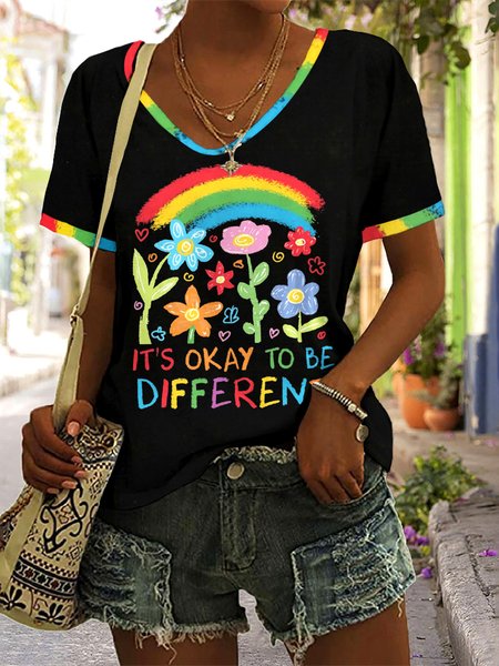 

Casual Floral V Neck Short Sleeve T-shirt, Black, T-shirts