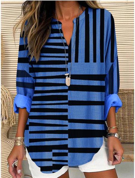 V Neck Long Sleeve Geometric Regular Micro-Elasticity Regular Fit Shirt For Women, Blue, Shirts