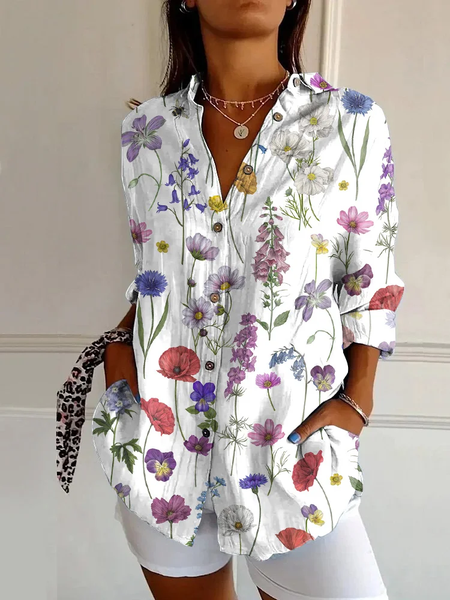 

Women's Long Sleeve Shirt Spring/Fall White Floral Buckle Shirt Collar Daily Going Out Casual Top, Blouses & Shirts