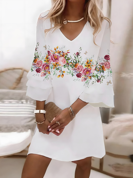 

Women Floral Half Sleeve Summer Printing Dress V Neck Daily Casual Midi Classic H-Line Dress, White, Casual Dresses