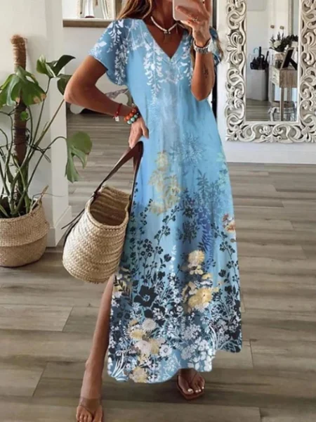 

Women Sundress Floral Print V Neck Short Sleeve Comfy Casual Maxi Dress, Blue, Dresses