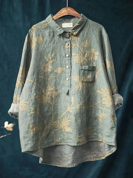 Women's Floral Spring Print Casual Half Collar Button-Down Shirt, Green, Blouses & Shirts