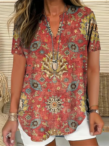 

Shawl Collar Half Sleeve Ethnic Regular Loose Blouse For Women, As picture, Blouses