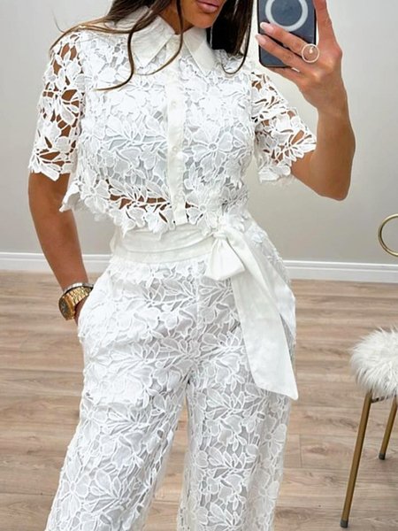 Urban Lace Shirt Collar Short Sleeve Shirt, White, Blouses and Shirts