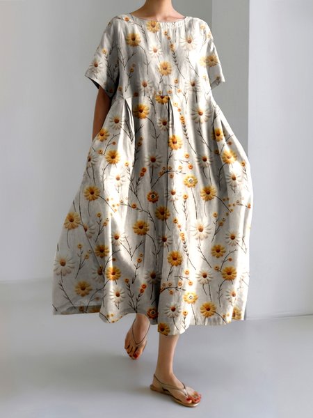 

Women Floral Crew Neck Short Sleeve Comfy Casual Maxi Dress, Apricot, Maxi