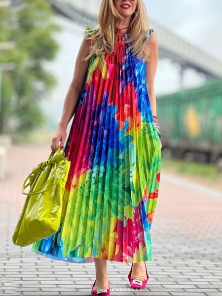 

Vacation Random Print Pleated Crew Neck Maxi Dress, As picture, Maxi Dresses