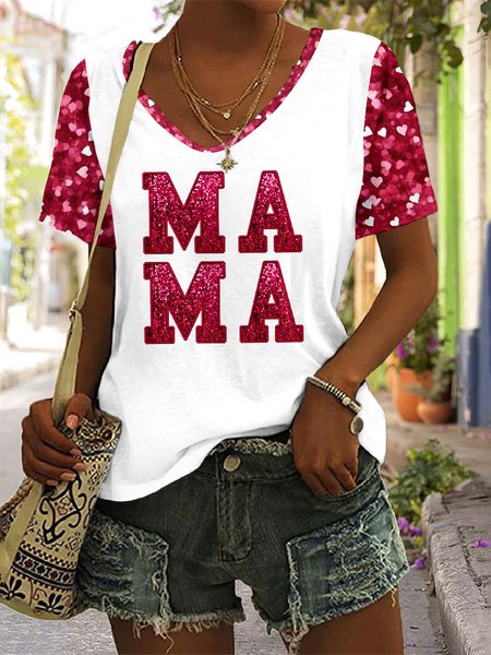 

Casual Floral V Neck Short Sleeve T-shirt, White, T-shirts