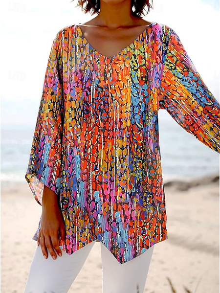 V Neck Long Sleeve Geometric Regular Loose Blouse For Women, Orange, Blouses