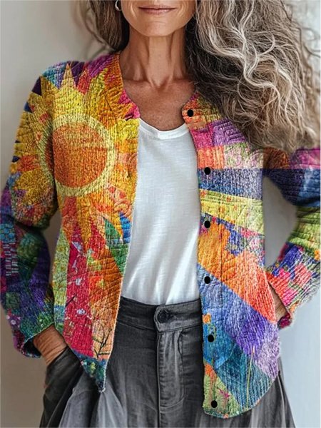 Multicolor Block Crew Neck Knitted Casual Cardigan, As picture, Cardigans