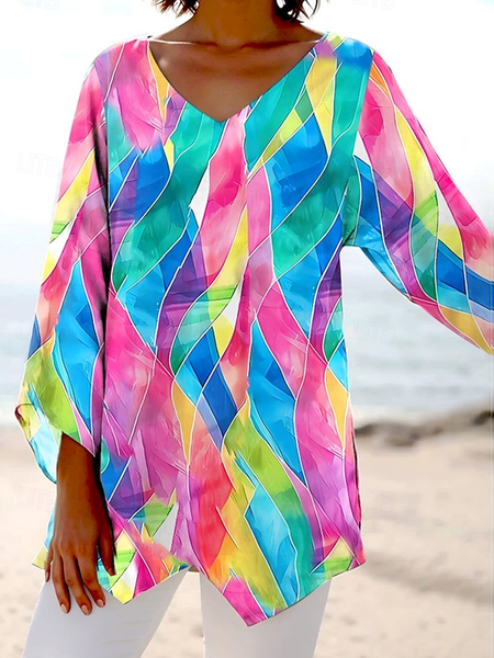 V Neck Long Sleeve Geometric Regular Loose Blouse For Women, As picture, Blouses