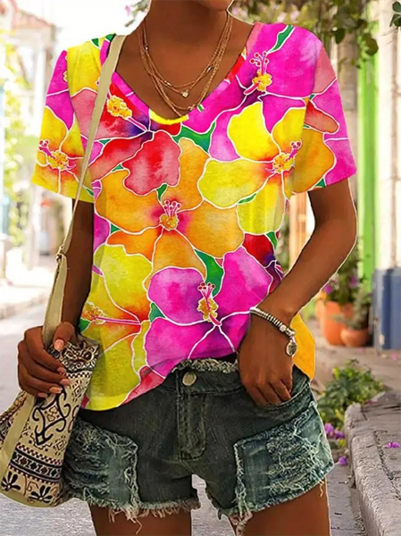 

Women Floral Short Sleeve Tee T-shirt V Neck Casual Summer Top, As picture, T-Shirts