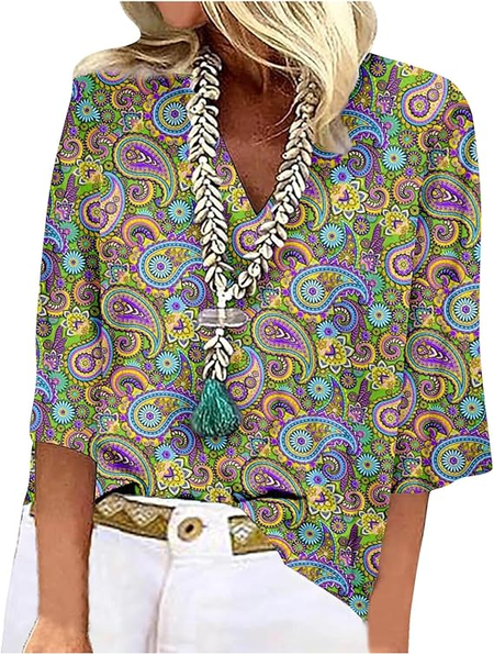 Shawl Collar Half Sleeve Paisley Regular Loose Blouse For Women, Yellow, Blouses