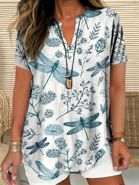 

Shawl Collar Half Sleeve Dragonfly Regular Loose Blouse For Women, As picture, Blouses