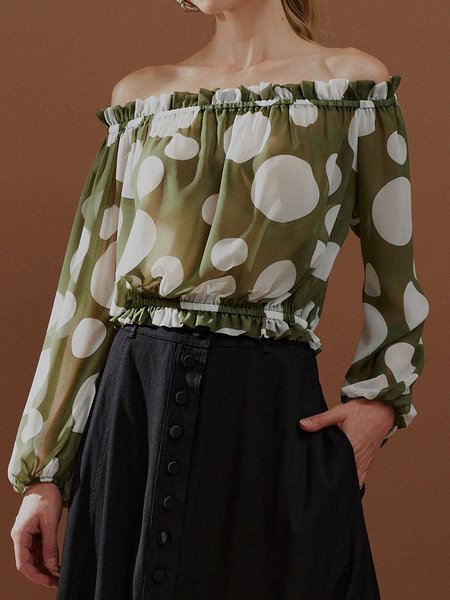 

Urban Polka Dots Printing Off The Shoulder Blouse, Green, Blouses and Shirts