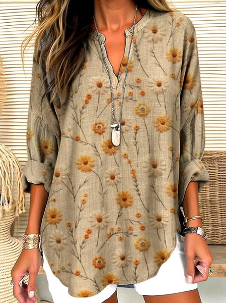 

V Neck Long Sleeve Geometric Regular Micro-Elasticity Regular Fit Shirt For Women, Khaki, Shirts