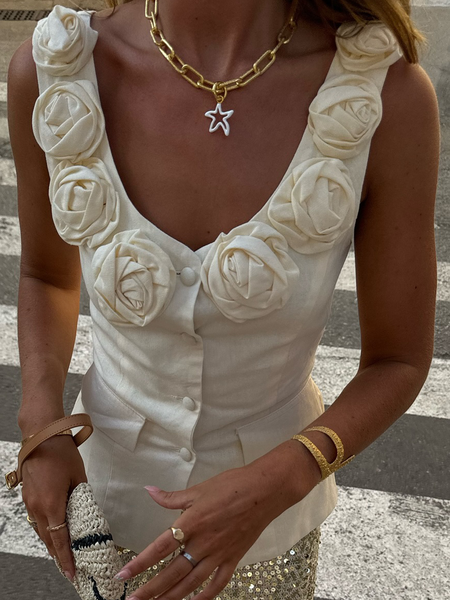 

Linen Embellished Plain Square Neck Vest, White, Vests and Gilets