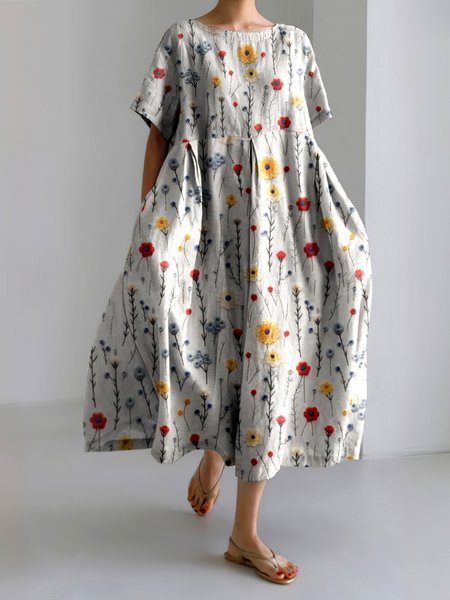 Women Floral Crew Neck Short Sleeve Comfy Casual Maxi Dress, Light gray, Maxi