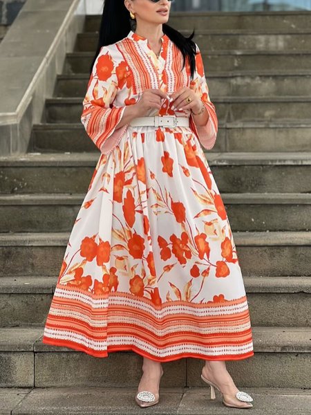 

Vacation Floral V Neck Maxi Dress No Belt, Orange, Maxi Dresses