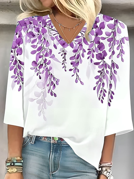 

Shawl Collar Half Sleeve Plants Regular Loose Blouse For Women, Purple, Blouses