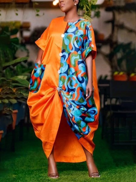 

Elegant Color Block Raglan Sleeve Printing V Neck Maxi Dress, Orange, Maxi Dresses