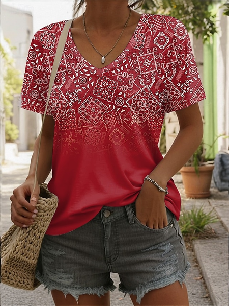 

Casual Ethnic Geometry V Neck Short Sleeve T-shirt, As picture, T-shirts