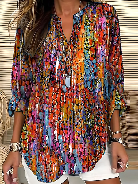 Shawl Collar Half Sleeve Geometric Regular Loose Blouse For Women, Orange, Blouses