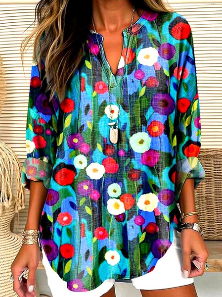 V Neck Long Sleeve Geometric Regular Micro-Elasticity Regular Fit Shirt For Women, Blue, Shirts