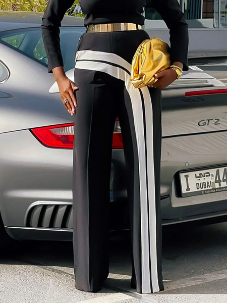 

Urban Color Block Binding Straight Pants, Black, Pants