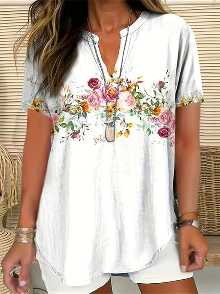 Shawl Collar Half Sleeve Floral Regular Loose Blouse For Women, White, Blouses