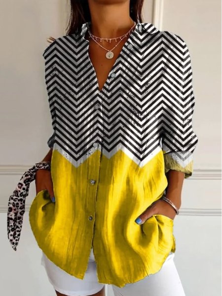 Casual Shirt Collar Cotton Shirt, Yellow, Blouses & Shirts