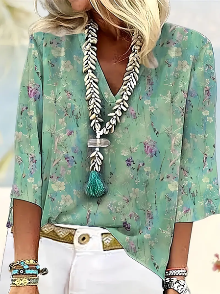 

Shawl Collar Half Sleeve Floral Regular Loose Blouse For Women, As picture, Blouses