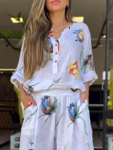 

Casual Floral Printing V Neck Raglan Sleeves Shirt, White, Blouses and Shirts