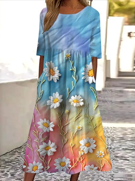 Women Floral Crew Neck Short Sleeve Comfy Casual Maxi Dress, Light blue, Maxi