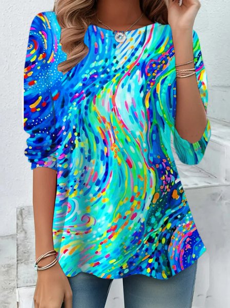 

Casual Abstract Graphic V Neck Long Sleeve T-shirt, As picture, T-shirts