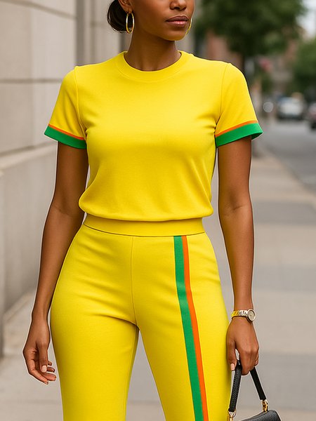 

Casual Color Block Printing Crew Neck T-shirt, Yellow, Tees