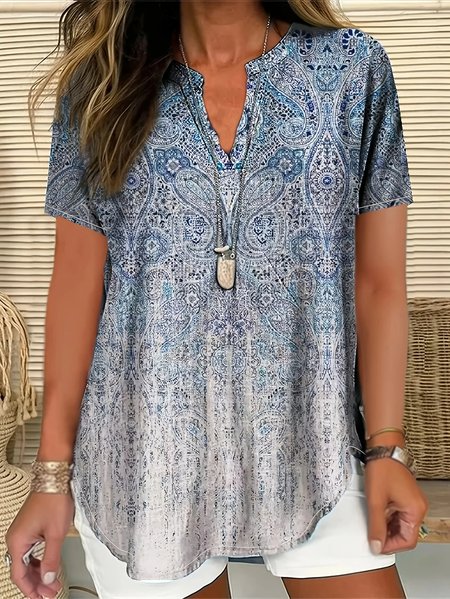 

Shawl Collar Half Sleeve Paisley Regular Loose Blouse For Women, As picture, Blouses