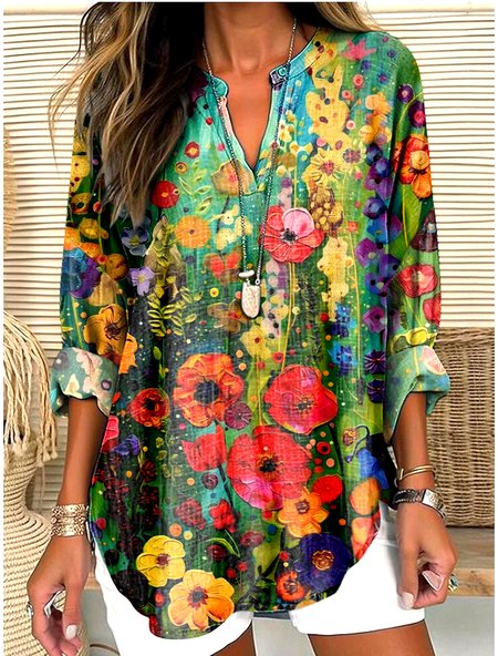 V Neck Long Sleeve Geometric Regular Micro-Elasticity Regular Fit Shirt For Women, Green, Shirts