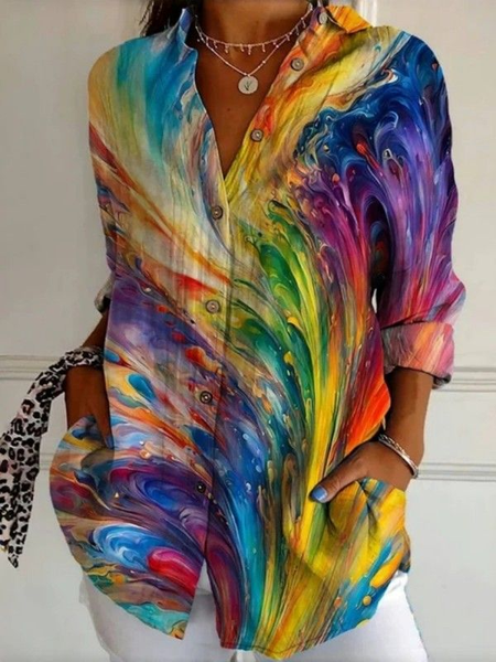 

Women Abstract Long Sleeve Shirt Spring/Fall Buckle Shirt Collar Daily Casual Top, As picture, Shirts
