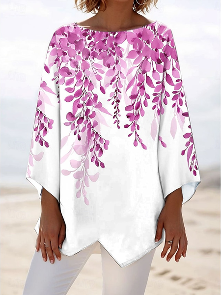 

V Neck Long Sleeve Plants Regular Loose Blouse For Women, Purple, Blouses