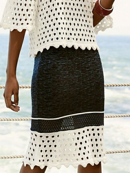 

Vacation Hollow Out Color Block Knee Length Skirt, Black-white, Skirts