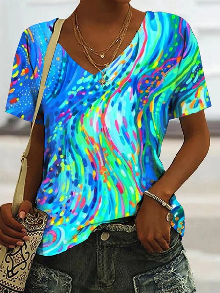 

Casual Abstract Graphic V Neck Short Sleeve T-shirt, As picture, T-shirts
