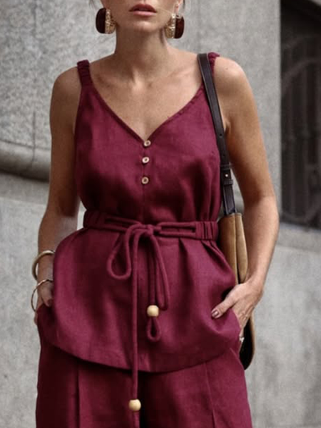 

Cotton And Linen Vacation Plain Lace-up V Neck Tank Top, Burgundy, Tanks and Camis