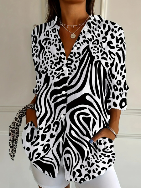 Shirt Collar Long Sleeve Leopard Regular Micro-Elasticity Regular Fit Shirt For Women, As picture, Blouses
