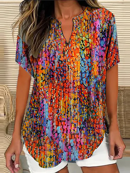 

Shawl Collar Half Sleeve Geometric Regular Loose Blouse For Women, Orange, Blouses
