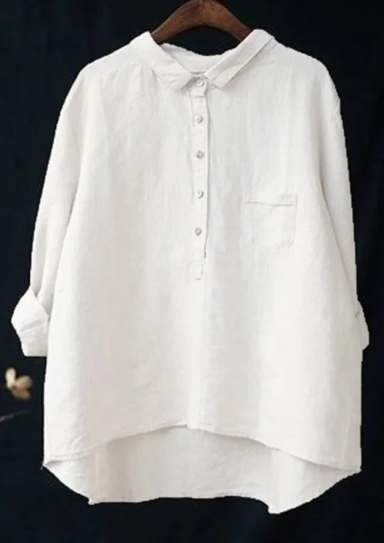 Women's Spring Printed Casual Half Collar Button Shirt, White, Blouses & Shirts